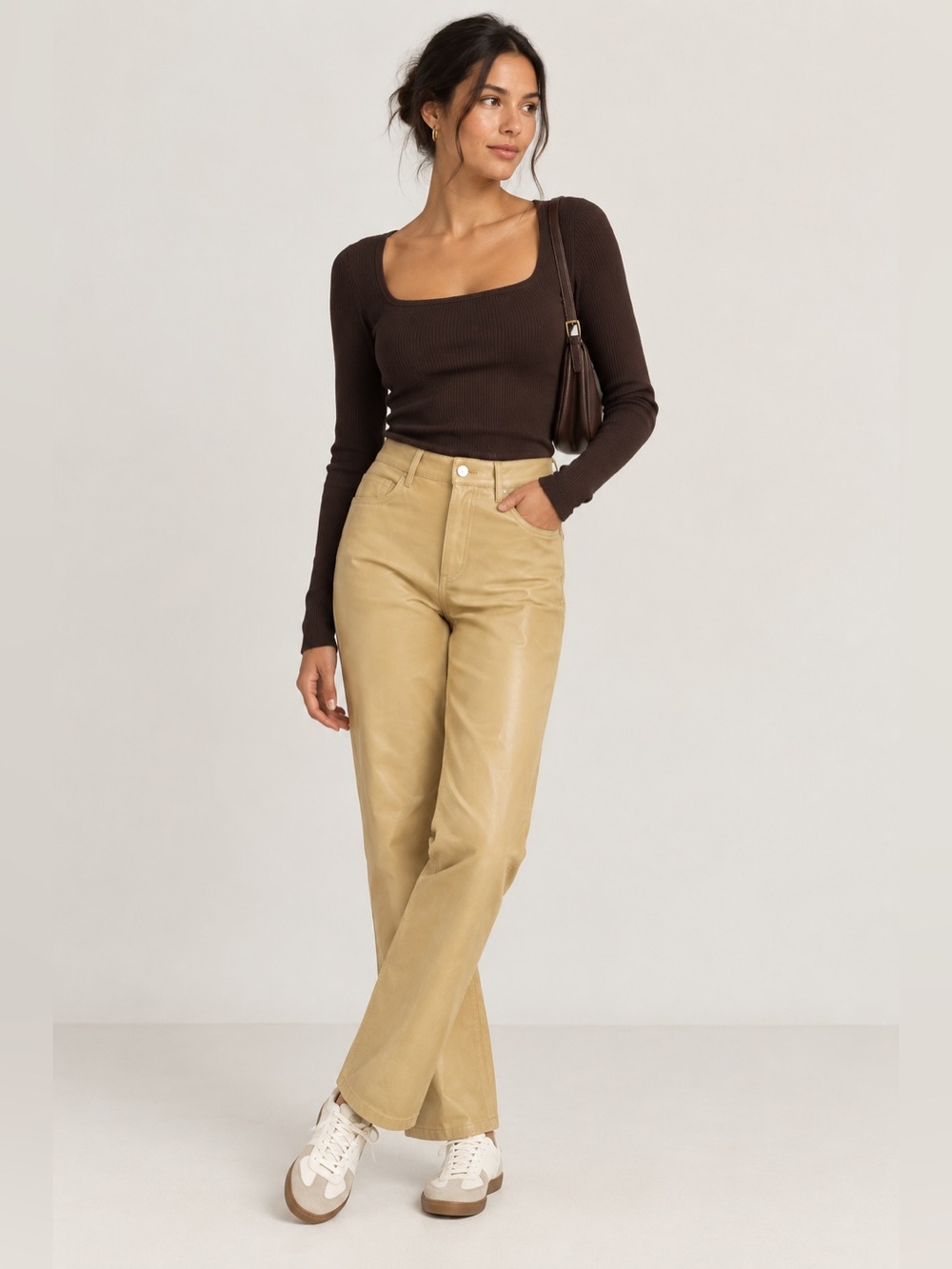 Aritzia Wilfred The Melina Cropped Pant High-Waisted Vegan Leather Sandy Beige